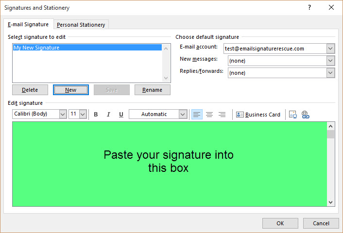 Paste Signature into Outlook 2016