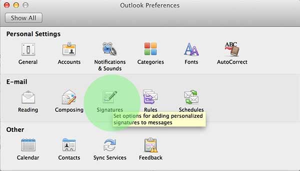 Select Signatures from your Preferences