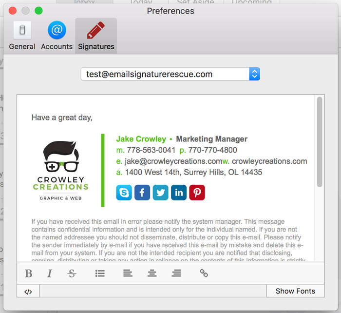 Paste your email signature in your settings