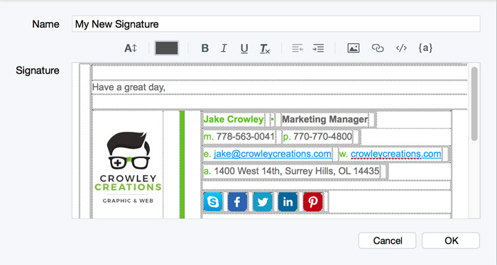 switch to postbox and paste your signature