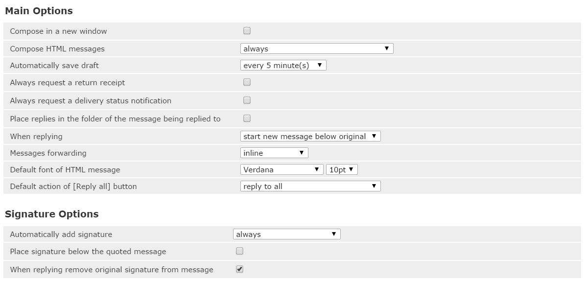 Set compose HTML messages to alwas and automatically add signature to always
