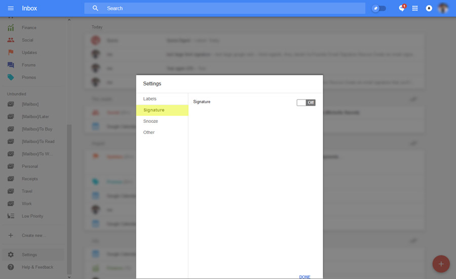 google inbox signature settings
