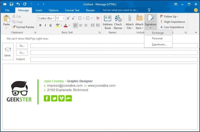 microsoft outlook 2013 create new email signature
